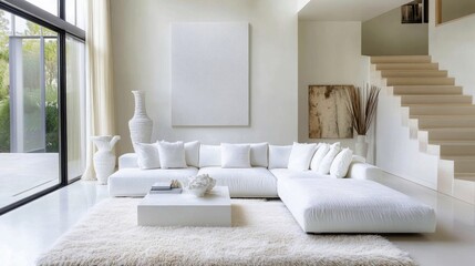 Modern white living room with a large comfy sofa, shag rug, and natural light, capturing contemporary design and comfort.