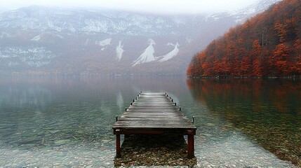   Wooden dock atop lake near red-orange tree forest