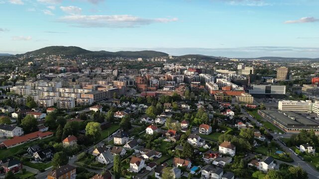 Drone video over Hasle, Oslo, with L&oslash;ren in the background, one area with many new buildings, mostly housing