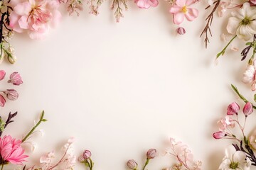 Obraz premium Elegant floral border with vibrant flowers lush greenery on light background. Ideal for decorative designs wedding invitations or romantic designs valentines day, mother's day, women's day