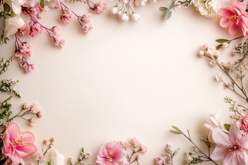 Elegant floral border with vibrant flowers lush greenery on light background. Ideal for decorative designs wedding invitations or romantic designs valentines day, mother's day, women's day