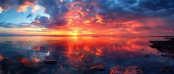 Majestic Ocean Sunset with Vibrant Orange and Pink Clouds Reflecting on Water
