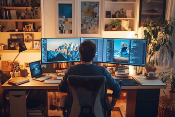 people working in stylish and functional home offices, well-organized workspace