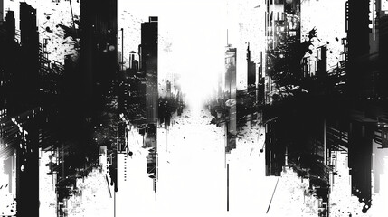 Abstract black and white cityscape with symmetrical elements and splatter effects, evoking a futuristic vibe