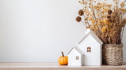 Small clay houses and pumpkins adorn a wooden table, creating a warm and cozy autumn atmosphere with soft light and a minimalistic style