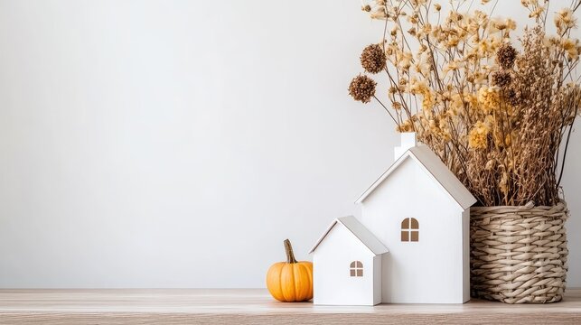 Small clay houses and pumpkins adorn a wooden table, creating a warm and cozy autumn atmosphere with soft light and a minimalistic style