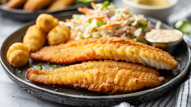 Golden brown fried fish fillets served with coleslaw and hush puppies on a black plate, close-up