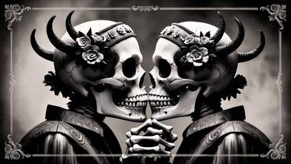 Vintage Skull Couple  Round Plaque Painting