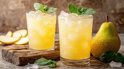 Fototapeta premium A few glasses of lemonade with pears and a pear on driftwood