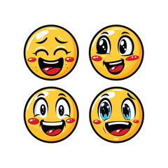Four yellow smiley faces with various expressions and hearts.
