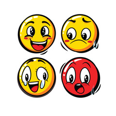 Four yellow smiley faces with various expressions and hearts.
