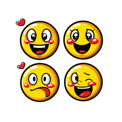 Four yellow smiley faces with various expressions and hearts.
