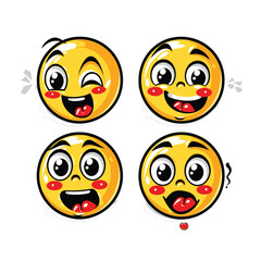 Four yellow smiley faces with various expressions and hearts.
