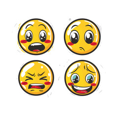 Four yellow smiley faces with various expressions and hearts.
