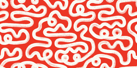 White paint abstract brush strokes vector seamless pattern. Hand drawn thick bold curvy geometric lines, strokes, maze, labyrinth
