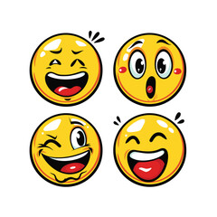 Four yellow smiley faces with various expressions and hearts.

