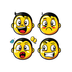 Four yellow smiley faces with various expressions and hearts.
