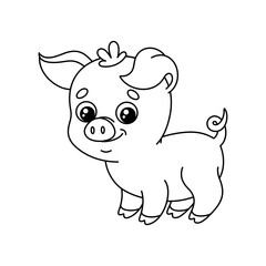 Outline cartoon piglet. Contour cute piggy. Black and white farm baby pig. Vector illustration of the farm animal isolated on white background. Perfect for kids coloring book.