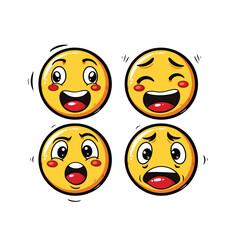 Four yellow smiley faces with various expressions and hearts.
