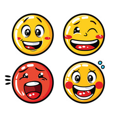 Four yellow smiley faces with various expressions and hearts.

