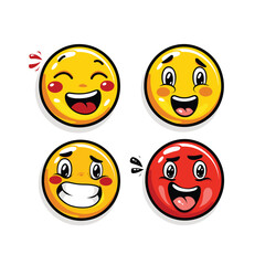 Fototapeta premium Four yellow smiley faces with various expressions and hearts. 