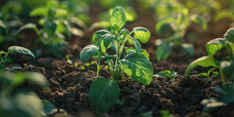 Potato plants emerging from the soil in an urban garden Close up of potato sprouts Homegrown and organic vegetables from a community garden