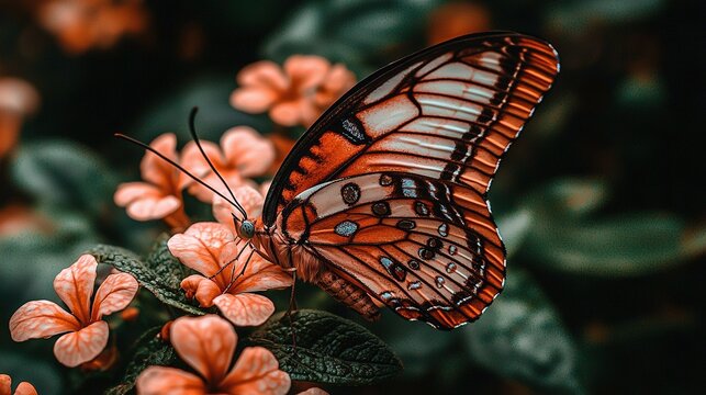 A close-up of a butterfly resting on an orange flower against a green leaf backdrop - Powered by Adobe