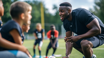 Pro athlete coaching a youth team during practice, imparting skills and motivation