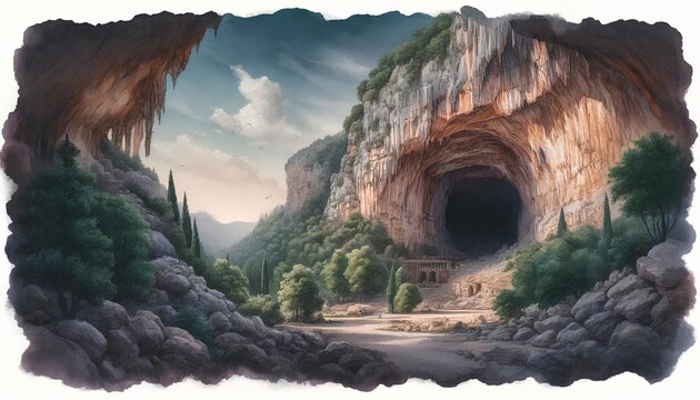 Watercolor of Karain Cave, featuring its rugged entrance, dark interior, lush greenery, and a tranquil, ancient atmosphere.