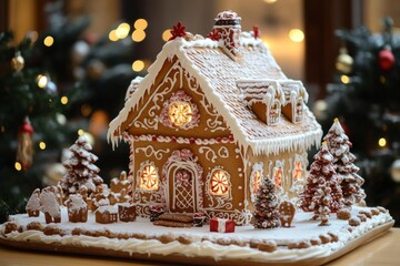 Festive Christmas Gingerbread House: An Abstract Artistic Take on the Season's Iconic Holiday Ambiance.