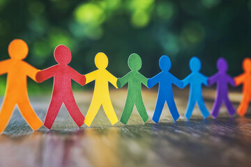 A Chain Of Colorful Paper Cut Out Humans Holding Hands On A Table Surface. Social Support For The Community, Friendship And Togetherness, Solidarity, Equality,