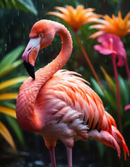 Obraz premium Portrait of a pink flamingo standing in the rain in a tropical forest