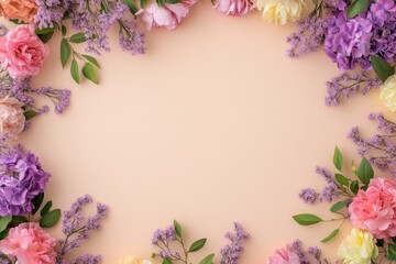 Elegant floral border with vibrant flowers lush greenery on light background. Ideal for decorative designs wedding invitations or romantic designs valentines day, mother's day, women's day