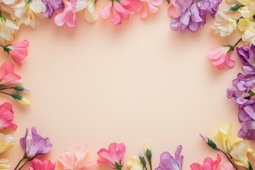 Elegant floral border with vibrant flowers lush greenery on light background. Ideal for decorative designs wedding invitations or romantic designs valentines day, mother's day, women's day