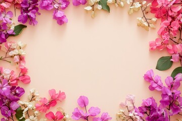 Elegant floral border with vibrant flowers lush greenery on light background. Ideal for decorative designs wedding invitations or romantic designs valentines day, mother's day, women's day