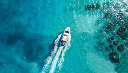 Aerial view of the speed boat in clear azure water on summer sunny day. Top drone view of fast floating yacht in ocean ocean