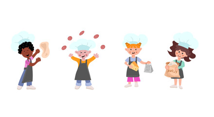 Set of adorable kids in kitchen aprons and chef hats. A little pizzeillo boy tosses the dough, a girl with a grater and cheese, a boy deftly juggles salami, a girl with flour