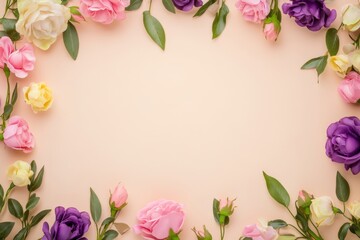 Fototapeta premium Elegant floral border with vibrant flowers lush greenery on light background. Ideal for decorative designs wedding invitations or romantic designs valentines day, mother's day, women's day