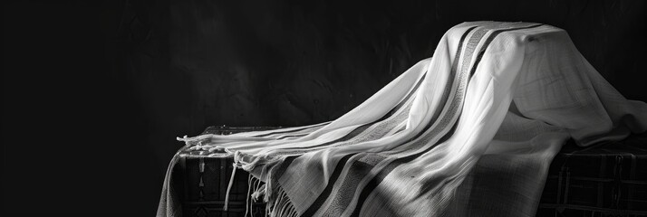 Monochrome tallit featuring tzitzit elegantly arranged on the table edge, representing traditional Jewish faith.
