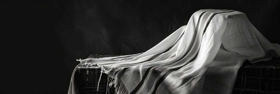 Monochrome tallit featuring tzitzit elegantly arranged on the table edge, representing traditional Jewish faith.