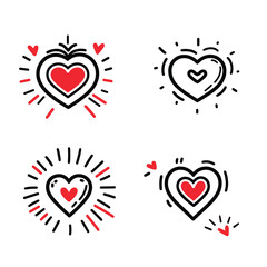 Four minimalist heart icons with black and red outlines.
