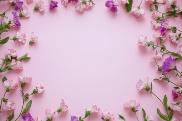 Fototapeta premium Elegant floral border with vibrant flowers lush greenery on light background. Ideal for decorative designs wedding invitations or romantic designs valentines day, mother's day, women's day