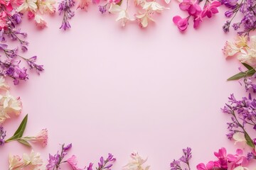 Fototapeta premium Elegant floral border with vibrant flowers lush greenery on light background. Ideal for decorative designs wedding invitations or romantic designs valentines day, mother's day, women's day