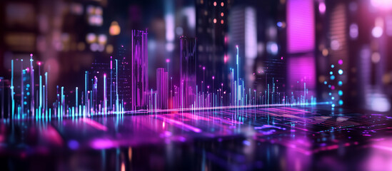 dark purple 3- dimensional widescreen backdrop with graphs, buildings and lights; abstract investing / stock market / exchange background; copy space