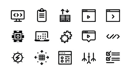 Set of 15 line icons related to programming and coding.