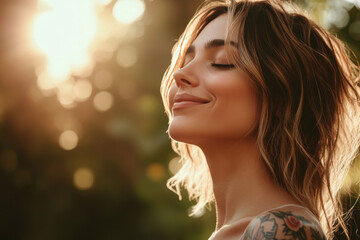 A close up of a woman's face with tattoos and her eyes closed