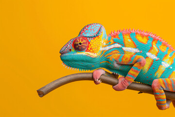 Obraz premium A colorful chameleon rests on a twig, showcasing its bright scales and unique patterns in a vivid yellow environment