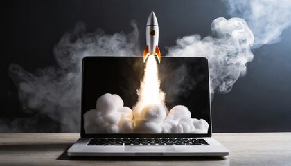 Launching space rocket from laptop screen with smoke. Business start-up concept