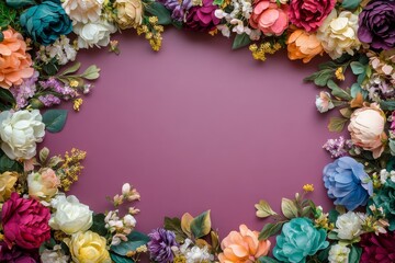 Elegant floral border with vibrant flowers lush greenery on light background. Ideal for decorative designs wedding invitations or romantic designs valentines day, mother's day, women's day