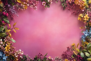 Fototapeta premium Elegant floral border with vibrant flowers lush greenery on light background. Ideal for decorative designs wedding invitations or romantic designs valentines day, mother's day, women's day